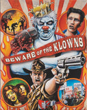 Blu-Ray Slipcover of 'Beware of the Klowns' with a clown, sheriff, and other characters on an orange and red striped background.