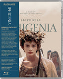 Blu-Ray cover of 'Iphigenia' with a woman in classical attire and text on a blue and beige background