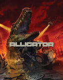 Illustration of an alligator attacking a vehicle with a fiery background, featuring the word 'ALLIGATOR'.