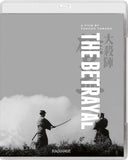 Blu-ray cover of 'The Betrayal' with two samurai figures and smoke on a white background.