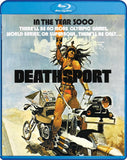 Blu-ray cover of 'DeathSport' with a warrior on a motorcycle and text about future events.