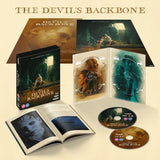 Blu-ray set of 'The Devil's Backbone' with packaging and discs on a beige background