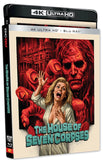 4K Ultra HD and Blu-ray cover of 'The House of Seven Corpses' with a woman and ghostly figure.