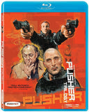 Blu-ray cover of 'Pusher' trilogy with three characters on a red and blue background.