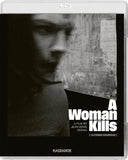 Blu-ray case for 'A Woman Kills' with a black and white image of a woman's face.